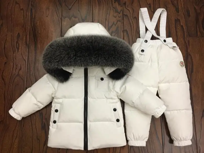 Лидер продаж, детские теплые пальто+ пуховые штаны верхняя одежда для малышей Детские комплекты одежды наивысшего качества с натуральным мехом Зимние костюмы из 2 предметов - Цвет: white matte fox fur