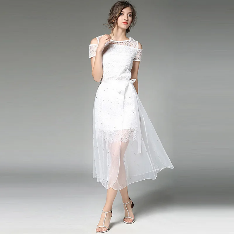 

Summer 2019 Off-the-shoulder Lace Stitching Gauze Beaded White Dress Two-piece Casual Sexy Elegance Plus Size Dress Women
