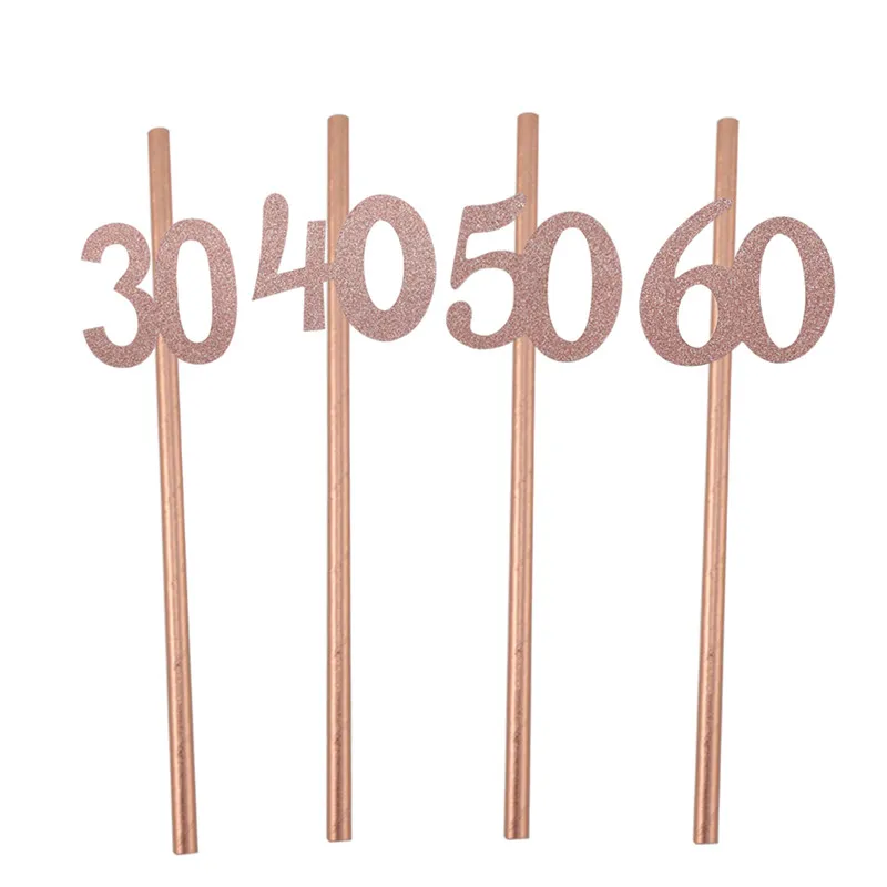 Chicinlife Rose Gold 30 40 50 60 Years Old Balloon Cupcake Topper Straw Happy Birthday Party Anniversary Adult Decor Supplies