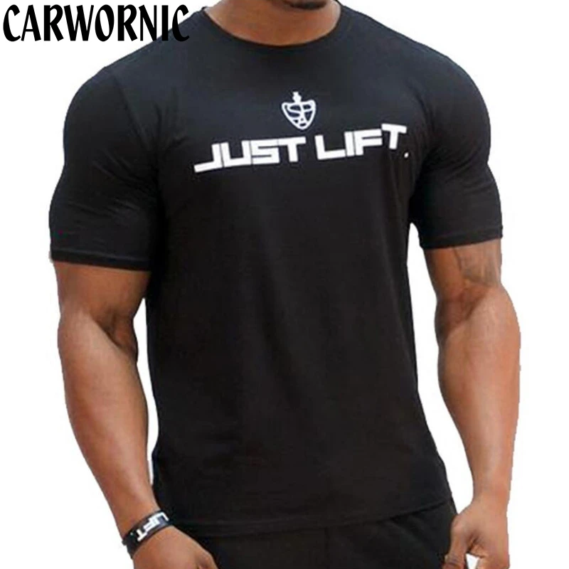 

CARWORNIC Summer Fitness T Shirt Mens Cotton Short Sleeve Gyms Bodybuilding Shirts Casual Tee Tops Slim Fit Workout Clothes Male