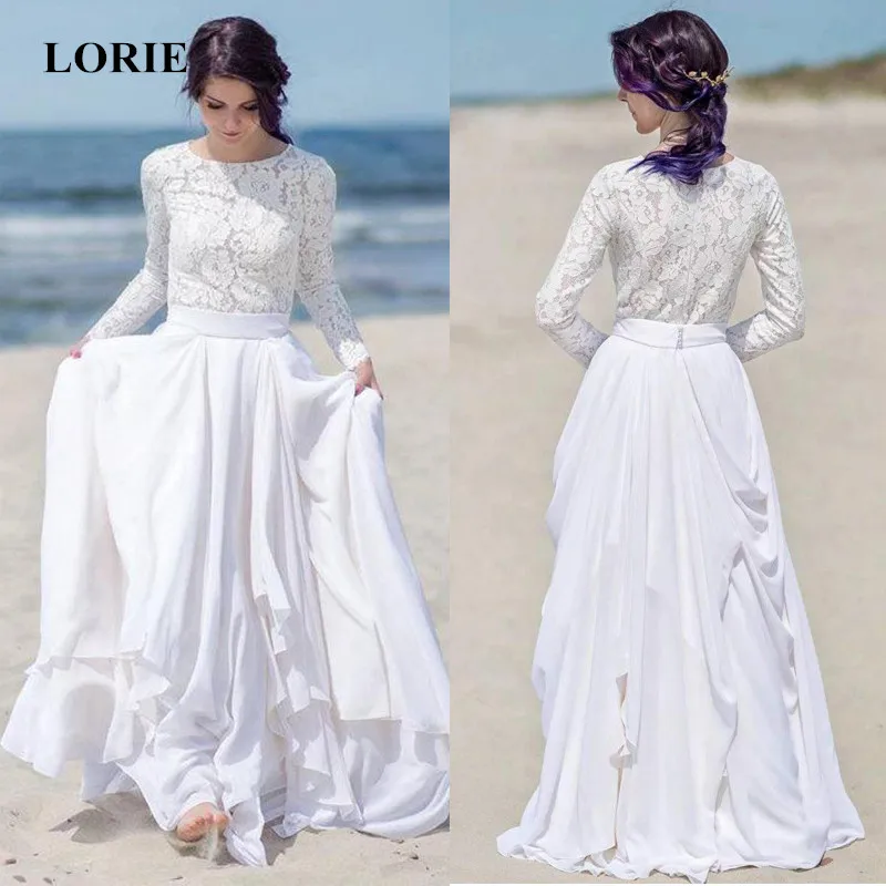 

LORIE Wedding Dresses Chiffon Lace Beach Wedding Dress Brides Gown Long sleeve O-neck Sashes Design Withe Ivory Simple Dresses