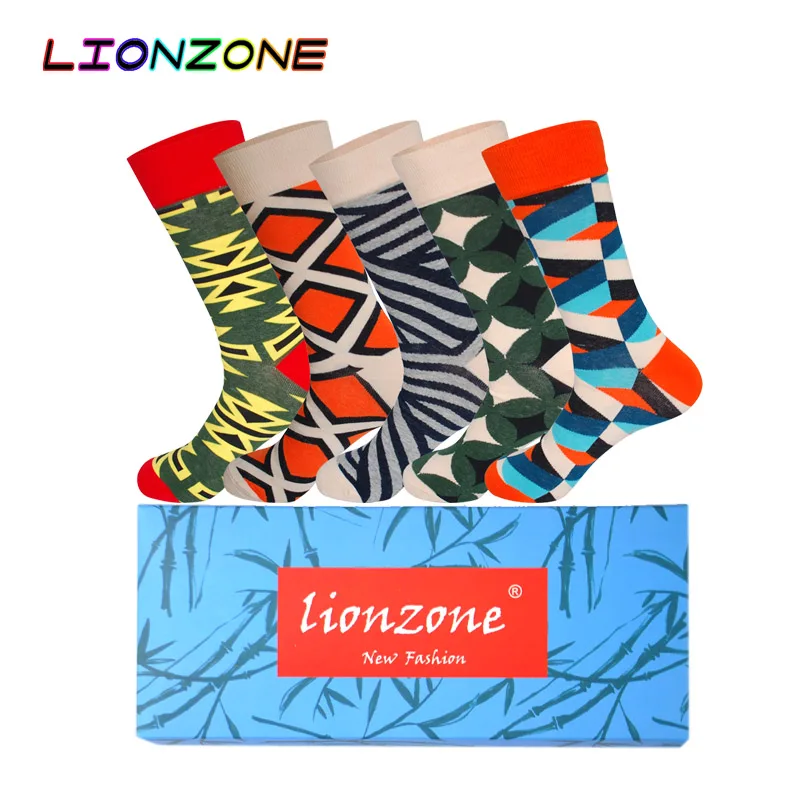 LIONZONE 5 пар Подарочная коробка мужские носки хлопок флора полосы пентаграмма точка геометрический 7 Выбор красочные несколько цветов