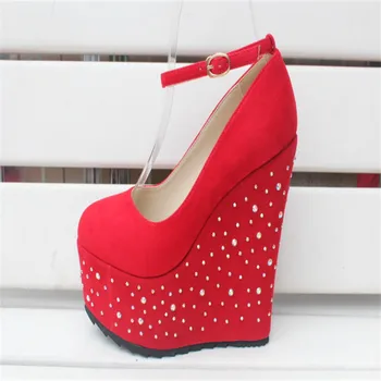 

women shoes 15cm Wedding High Rhinestone Heels Stage performance Pumps bridal sapato Platform Wedges Comfort Rivets 34-43