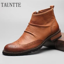 Tauntte Winter Cow Leather Dress Boots Fashion Non-Slip Men Ankle Boots Bullock Carving Flower Martin Boots