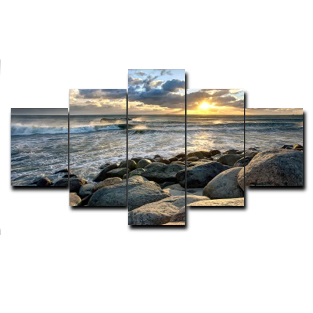 

5 Panel Sunshine Seaside Stone Outside Posters And Prints Vintage Canvas Painting For Living Room Home Sofa Wall Decor No Frame