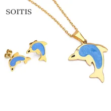 

SOITIS Women Fashion Style Blue Dolphin Earrings Necklace Jewelry Sets Girls Cute Blue Dolphin Pendant Gold Color Chain 023