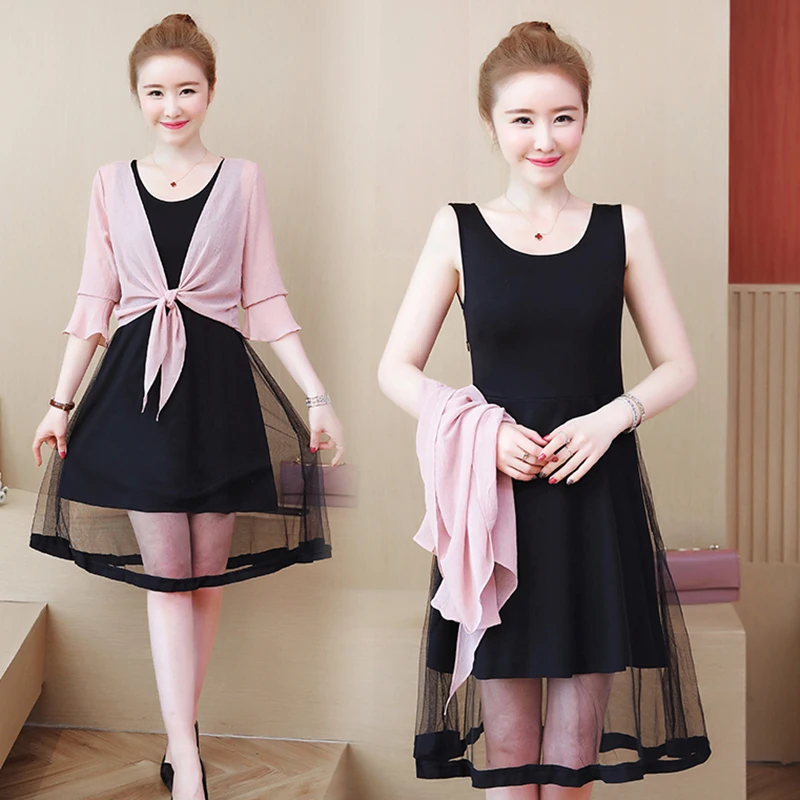 

M-4XL-large size women's dress summer 2019 solid color dress asymmetrical two-piece temperament slim black pink dress