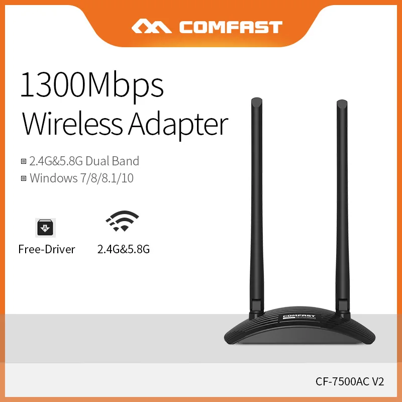 

Comfast Network Card Dual Band 2*6dbi Antenna USB Wifi Adapter Long Range 1300Mbps High Power Gigabit Speed WIFI CF-7500AC-V2