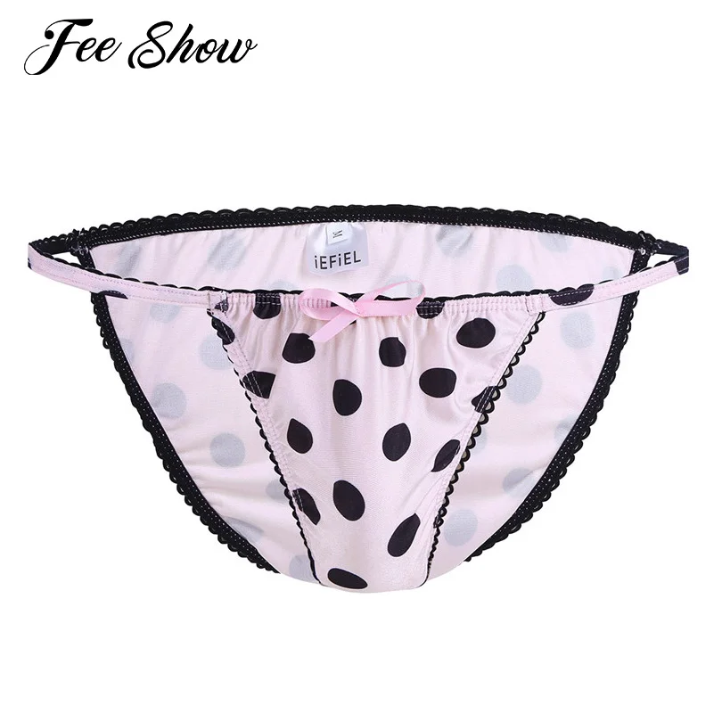 Lingerie masculina gays rosa, cuecas de biquíni com laço de bolinhas