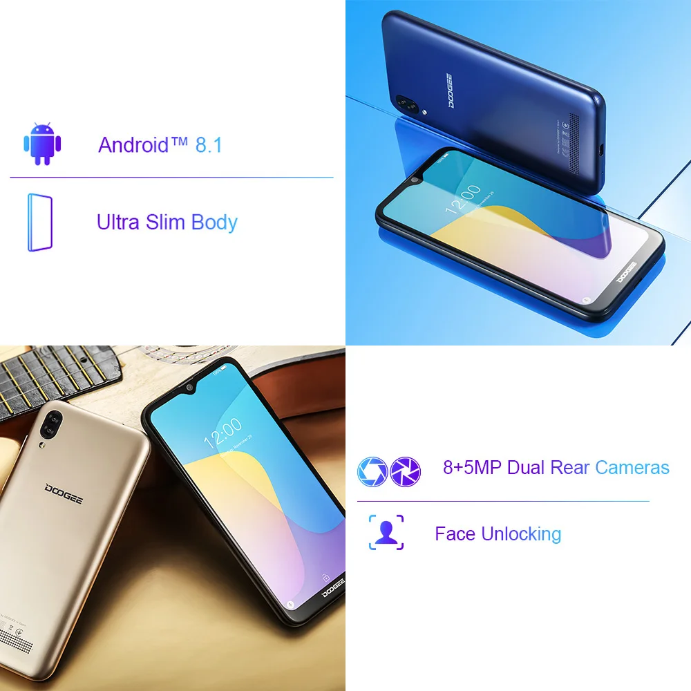 Original DOOGEE Y8c Android 8.1 6.1inch Waterdrop LTPS Screen Smartphone MTK6580 1GB RAM 16GB ROM 3400mAh Dual SIM 8MP+5MP WCDMA
