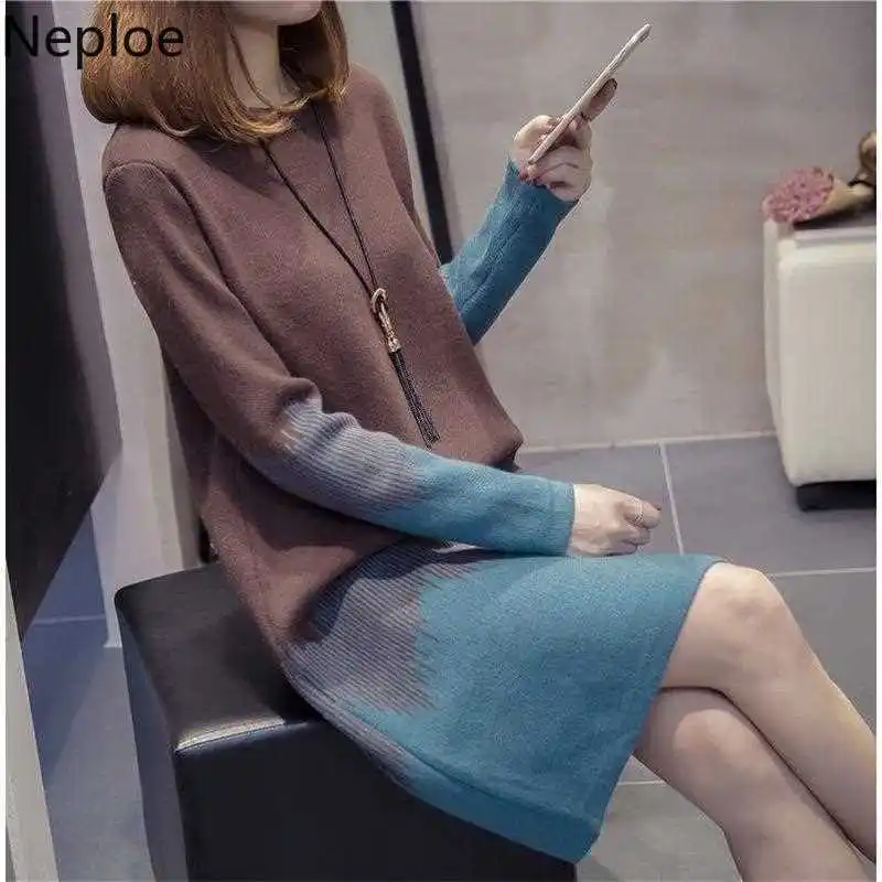 

Neploe 2019 Loose Lady Knitted Pullover Vestdios O Neck Patchwork Autumn Winter Dresses Knee Length cotton Dress 4547