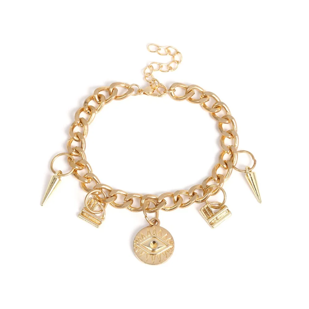 

Rongho brand Vintage Metal Evil Eye charms bracelets for women Gold Rivet pendant bracelets fashion boho bijoux