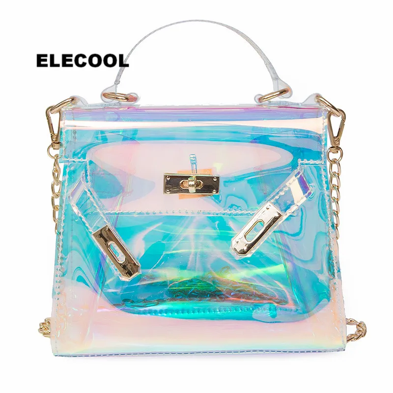 

ELECOOL Fashion Plastic Transparent Handbags Chain Sling Bag Tote Shoulder Hobo Bag Crossbody Bag Cosmetic Make Up Tool Kit