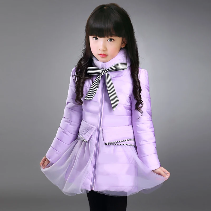 Зимние парки для девочек для детей от 4 до 13 лет, чистый цвет, в сеточку, в полоску, с бантом, корейский стиль, модный милый пуховик для девочек