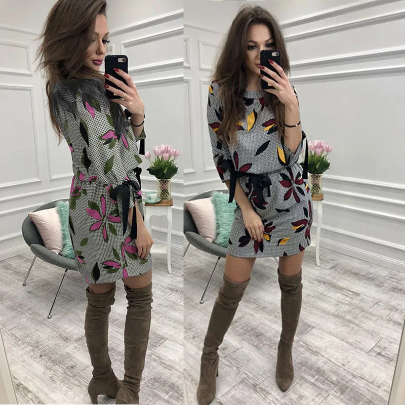 

2019 women's spring new seven-point sleeve printed chiffon mini dress