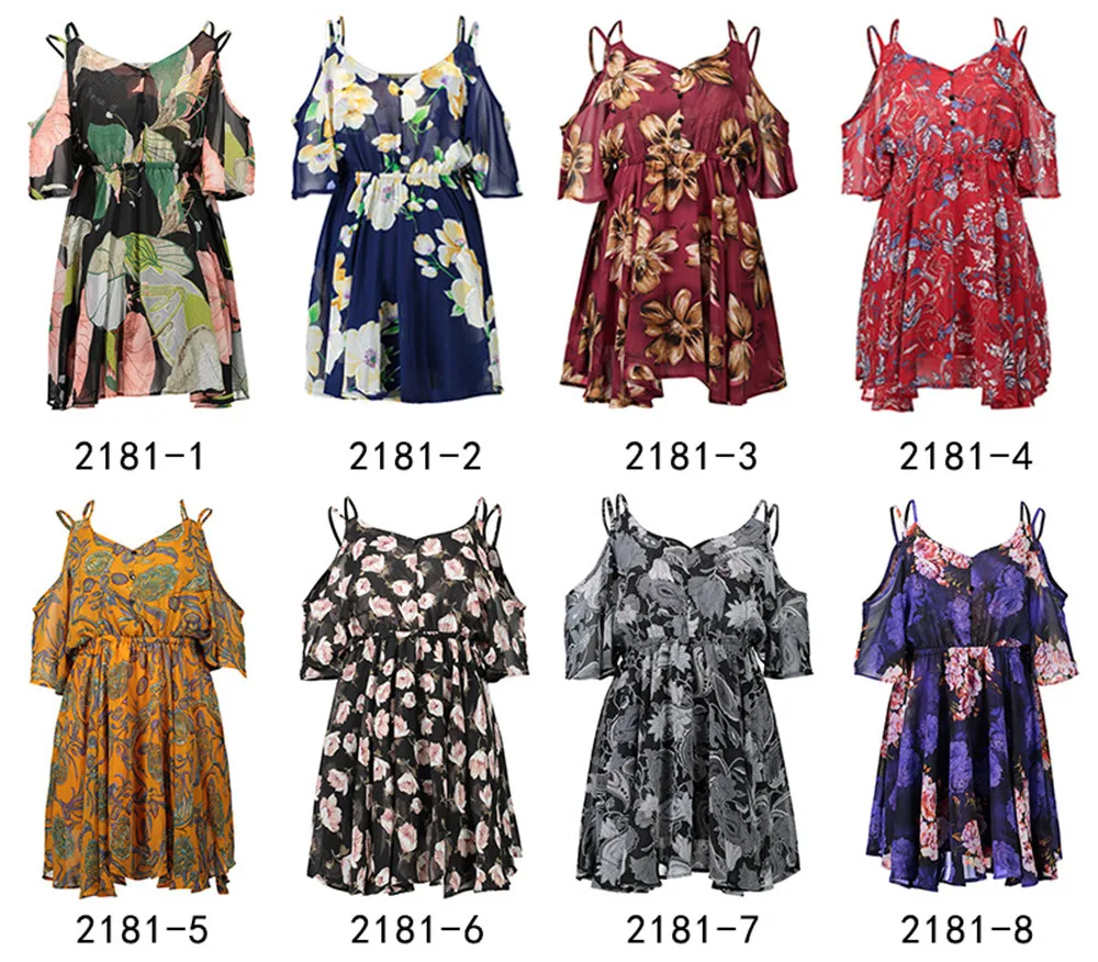 Casual Beach Dress Cold Shoulder ruffle print Summer dresses women High waist strap chiffon beach dress Boho party sexy dresses (6)