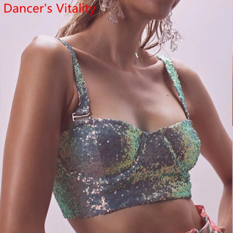 

Western Nightclub DS Pole Dance Performance Costume Stage Wear Costume Silver Sequin Patchwork Bare Midriff Bottoming Vest Top