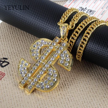 

Hip Hop Gold Color Dollar Sign $ Pendants & Necklaces With Long Twist Chain Statement Necklace For Woman Men