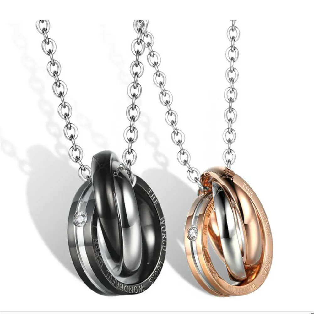 

Mimeng Titanium Jewelry Titanium Couple Necklaces Romantic Three-Circle Necklace Come With Chain Gold/Black