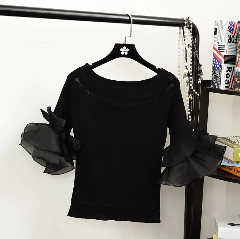 Женская модная полосатая футболка с вырезом-лодочкой, топы для девочек, трикотажная шифоновая футболка в стиле пэчворк, укороченный Топ для женщин - Цвет: black