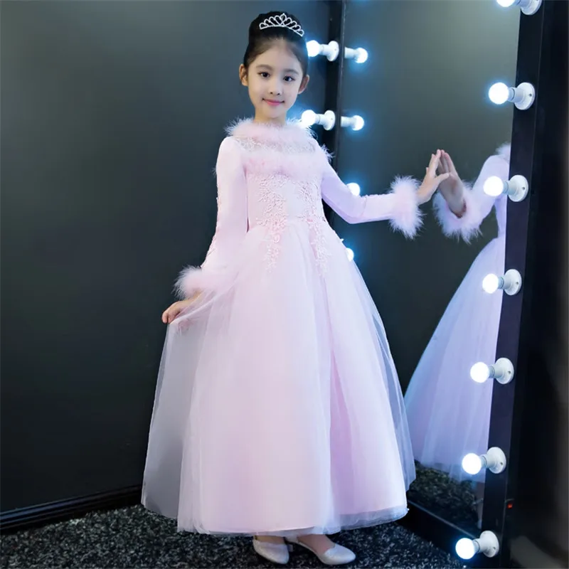 

2019 New High Quality Sweet Pink Color Children Girls Elegant Princess Lace Long Dress Kids Birthday Wedding Party Winter Dress