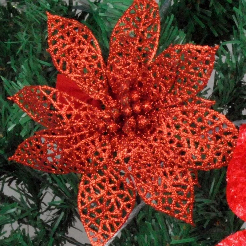 10 шт., 5 дюймов, блестящие полые искусственные цветы, рождественские украшения для дома, год, Navidad, вечерние украшения - Цвет: Красный