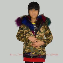 Камуфляж Мех животных парка, мода Обувь для девочек и Обувь для мальчиков зима красочно натуральным лисьим внутренняя Мех животных зимние теплые Меховая куртка для детей