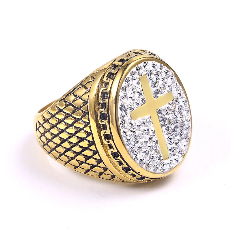 Men's Hip Hop Ring AAA+CZ Stone Bling Ice Out Gold Color Titanium Stainless Steel Cross Rings Hiphop Rapper Jewelry Size 8-14
