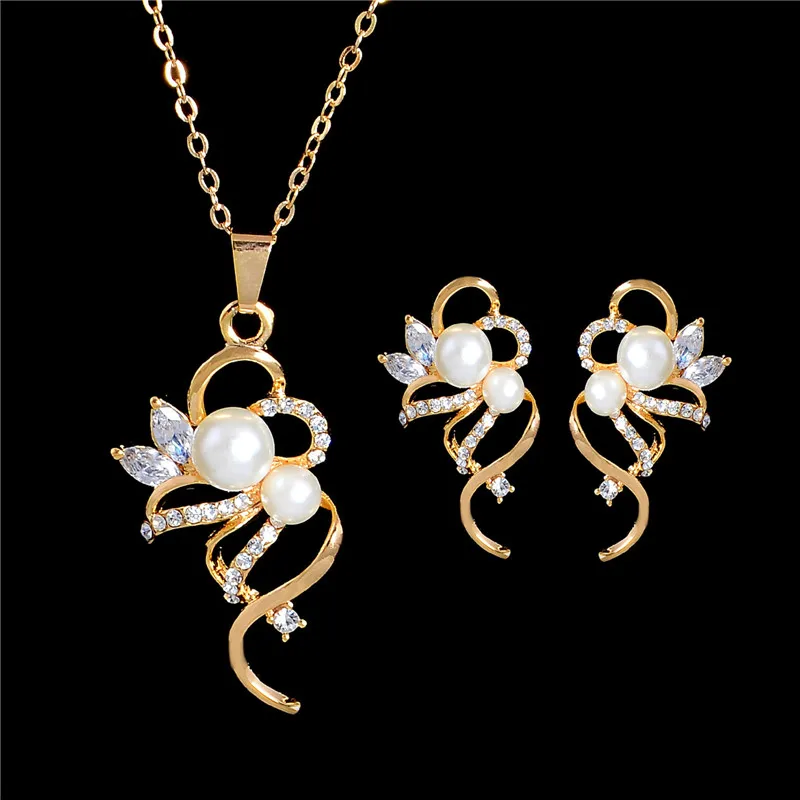 

SHUANGR Simulated Pearl Jewelry Set For Women Austrian Crystal Gold Color Chain Long Pendant Necklace Drop Earrings bijoux femme