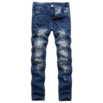 

Motocycle Mens Jeans Brand Scratched Denim Pants Straight Jean Hombre