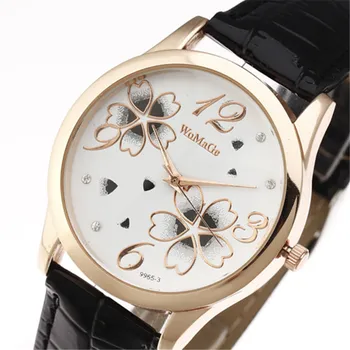 

WOMAGE Fashion Flower Pattern Bling Crystal Gold Case Quartz Watch Casual Leather Clock Women Cartoon Girls Dress Wristwatches