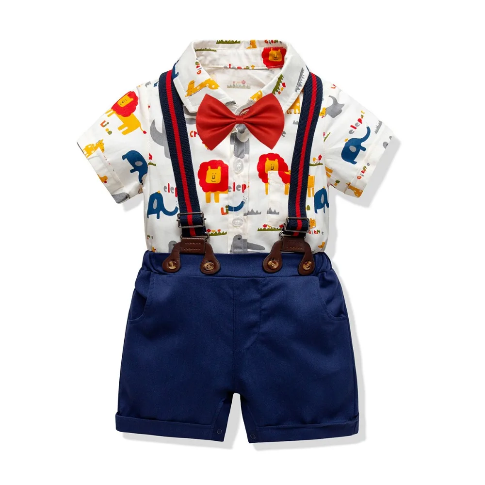

2019 Summer Toddler Baby Boys Clothing Sets Short Sleeve Cartoon Bow Tie Shirt+Suspenders Shorts Pants Formal Gentleman Suits