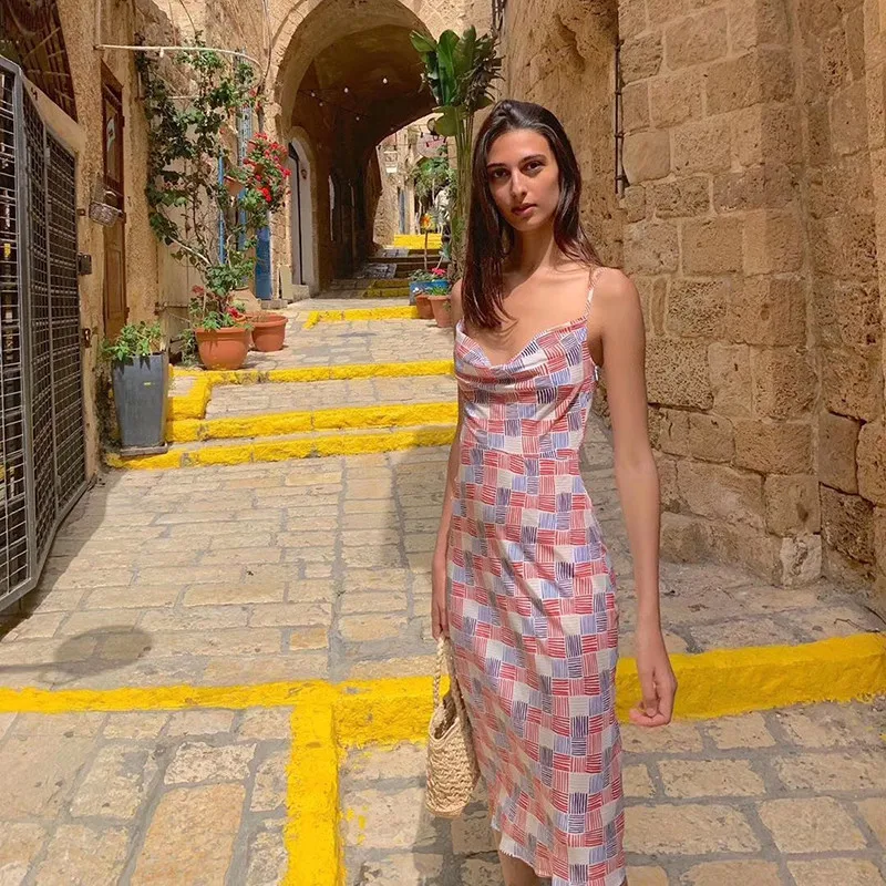 

2019 Autumn 100% silk dress sexy spaghetti strap midi print plaid women dress