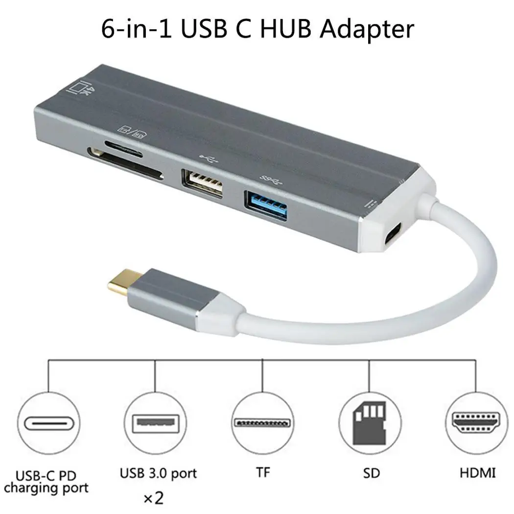 Type-C Hub Six-in-one Type C to HDMI USB with TF/SD Card Reader Support PD Charging | Электроника