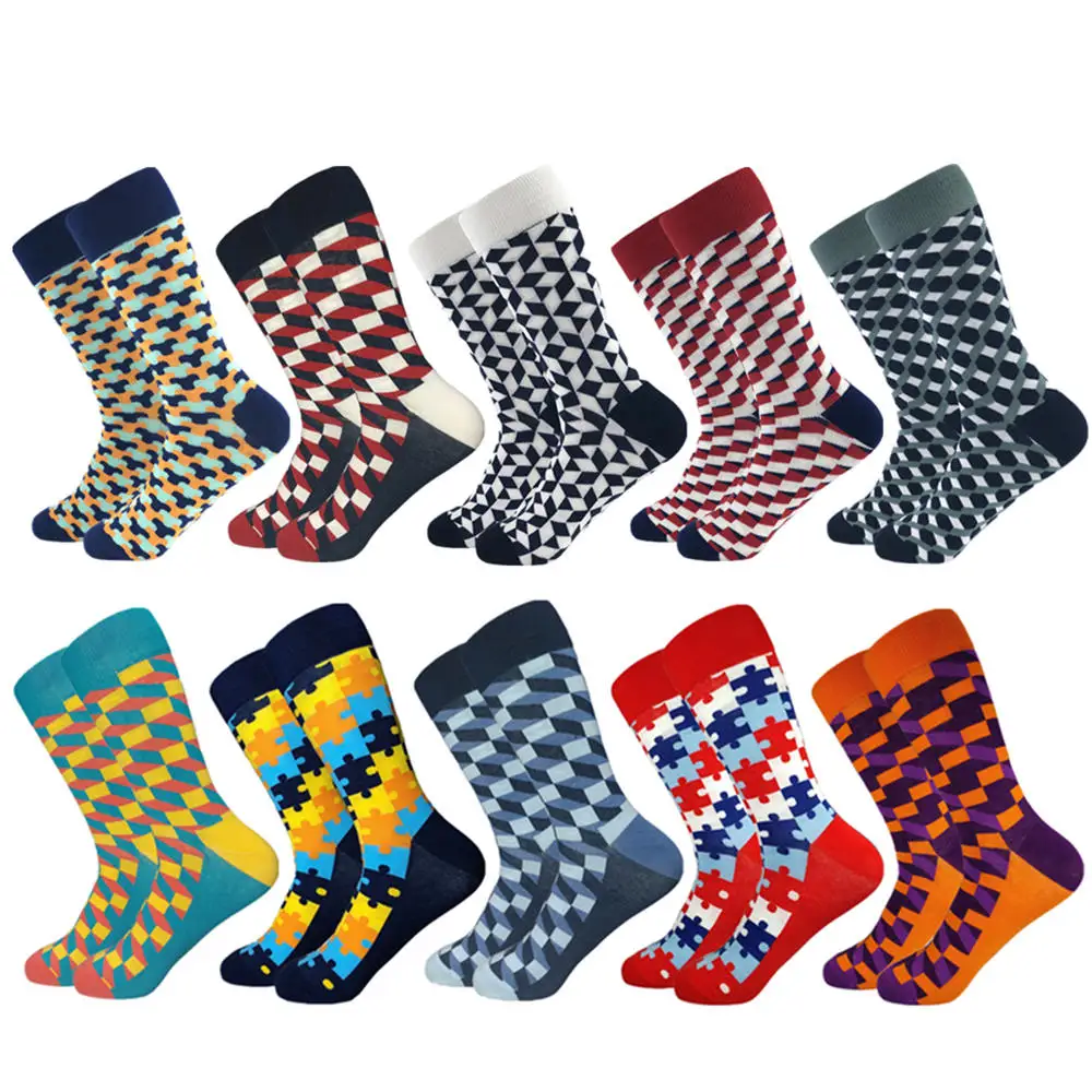10 pairs of socks Горячая Распродажа повседневные мужские носки новые носки Осень и зима клетчатые Цветные счастливые деловые вечерние Хлопковое носки мужские - Цвет: 10 pairs of socks