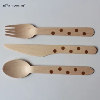 

25 sets Dots Wooden cutlery Spoons Forks Knives Personazlied 16cm Party Supplies Party Tableware Wooden Utensils Custom Wedding