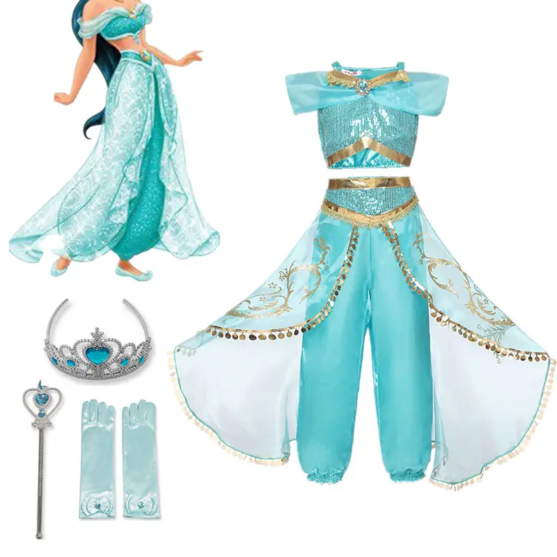 

Fancy Girl Dress Arabian Princess Jasmine Dress up Costume Children Sequin Cosplay Clothes Kid Party Fantasy With Crown Sticks