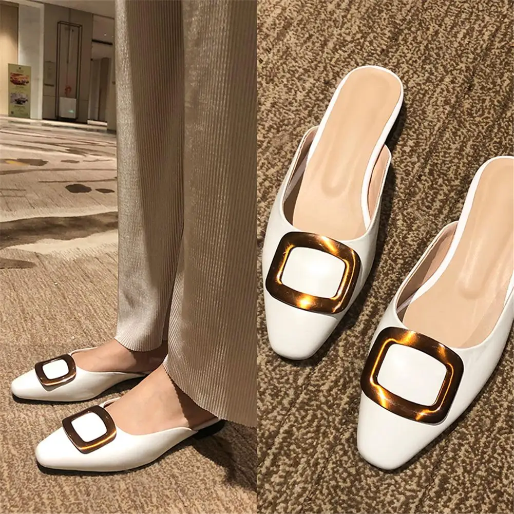 

RIBETRINI Hot Sale Concise Slippers Woman Shoes Buckle Decoration Slip On Square Toe Summer Shoes Woman Slippers Lady Shoe