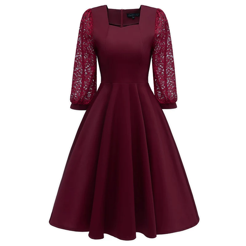 2018 Мода Bubble Sleeve Swing Dress бордовый темно-черный v-образным вырезом рокабилли Ретро Fit