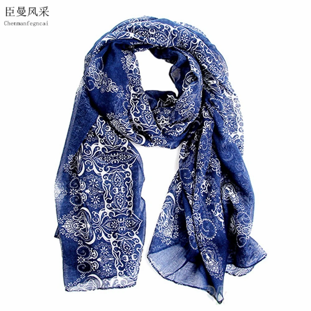 

2017 Winter Brand Silk Scarves for Women Soft Warm Long 160*70 cm Thin Blue and White Porcelain Lady Stoles Echarpe Hiver Wraps