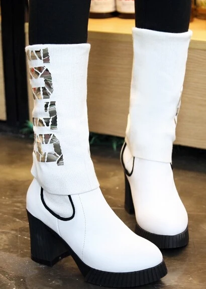Women Autumn Winter Genuine Leather Thick High Heel Platform Round Toe Fashion Mid Calf Boot Size 34-39 SXQ0929