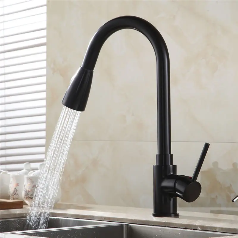  Kitchen Faucets Silver Single Handle Pull Out Kitchen Tap Single Hole Handle Swivel 2-Function Wate - 32869222359