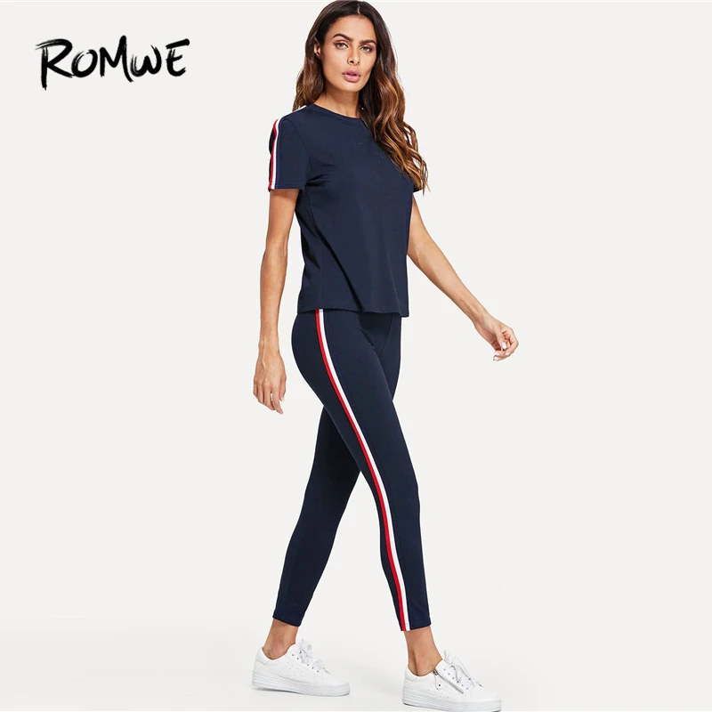 

ROMWE Striped Side Short Sleeve Top And Pants Set 2019 Women Workout Navy Spring Stretchy Two Piece Fitness 2 Piece Set
