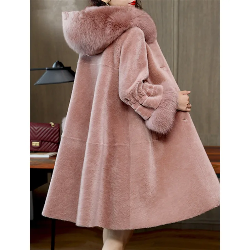HANZANGL 2018 Winter Wool Coat Women's Faux Fur Coat Long Sleeve Fox Fur Hooded Warm Cashmere Jacket Overcoat Plus size S-3XL