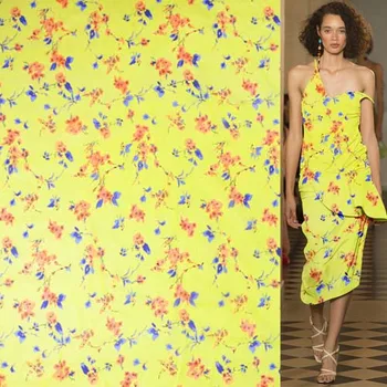

Orange floral on bright yellow bottom 100% pure silk organza silk fabric,SOZ107