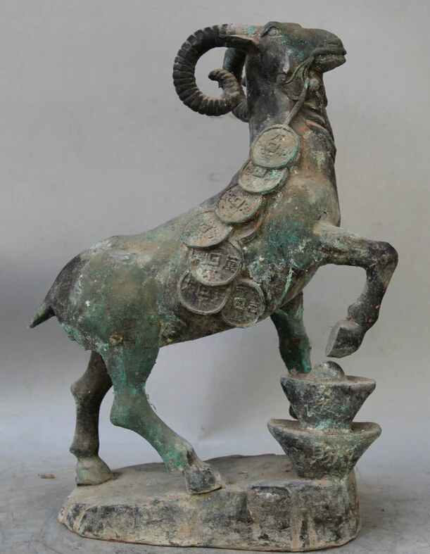 

Collectible bronze S2096 16" Old Chinese Bronze Folk Wealth Money Zodiac Year Sheep Goat sculpture Statue B0403