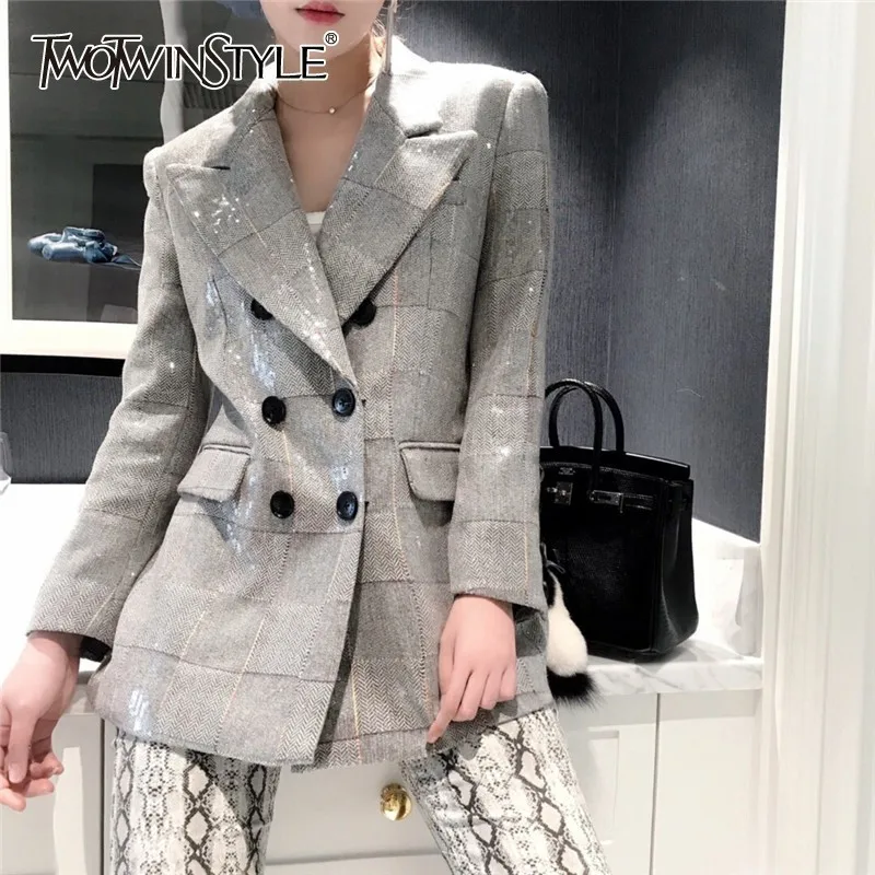 Deuxtwinstyle automne Plaid Blazer pour femmes col cranté manches longues Sequin Patchwork élégant manteau femme 2019 mode nouveau