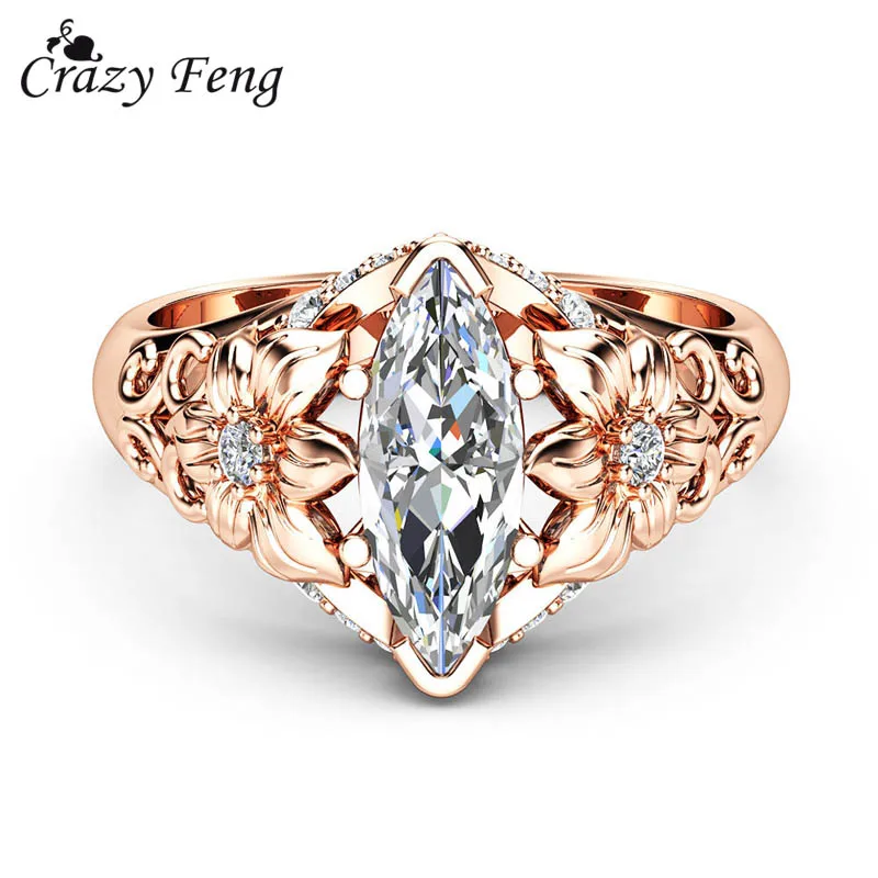 

Rose Gold Color Engagement Wedding Rings For Women Horse Eye CZ Crystal Stone Rings Party Jewelry Flower Bague Femme Anillos