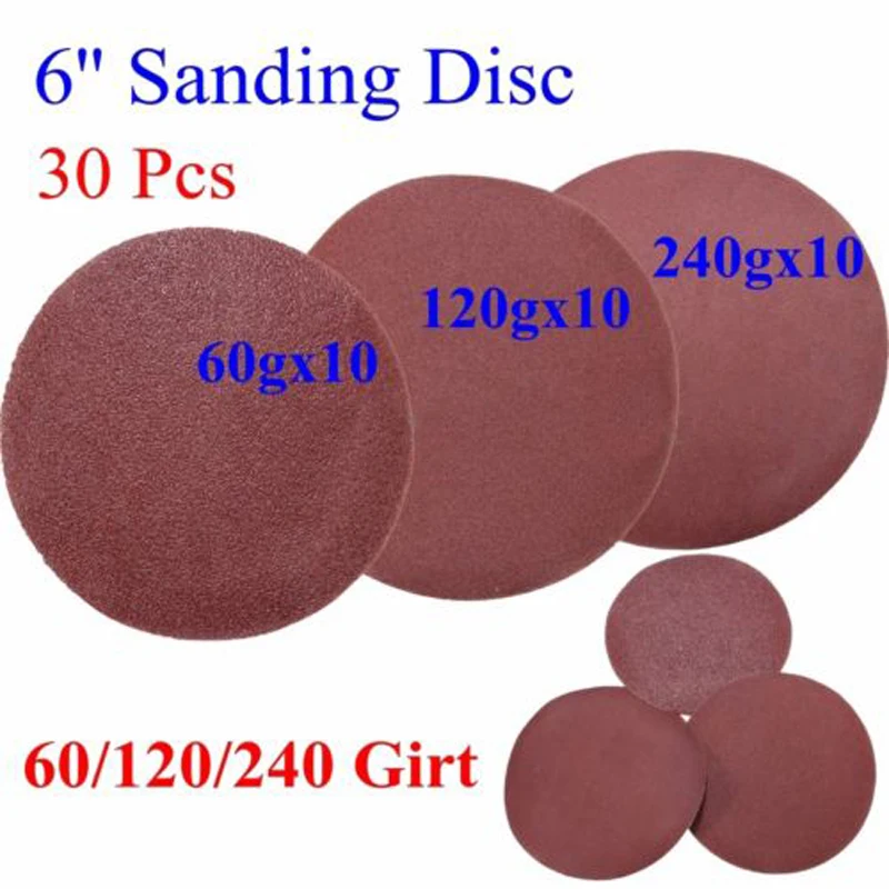 

30Pcs 6 Inch Self Adhesive Sander Paper 60/120/240 Grit Sanding Disc Stick On Sandpaper Disk for Abrasive Polishing Tools Mayitr