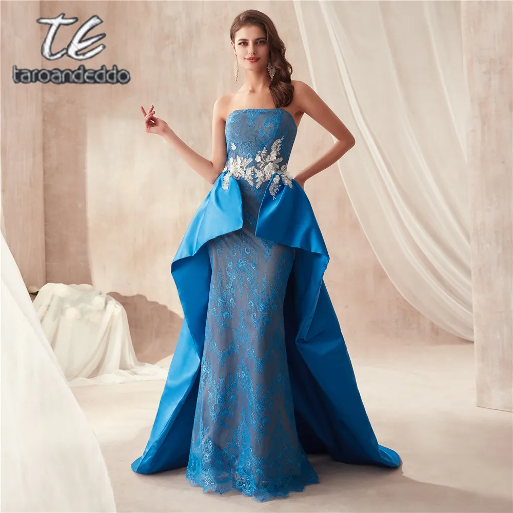 

vestido de noiva sereia White 3D Flowers Applique Blue Prom Dress Diamond Beaing Elegant Evening Dress Customized Made